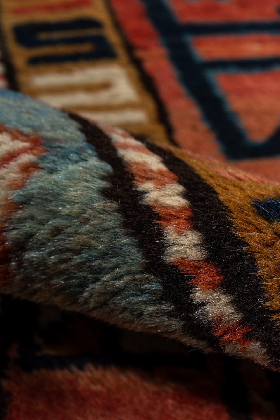 3' x 12' one-of-a-kind handmade vintage NW Persian runner rug. Color palette: rust, sky blue, navy, ivory, coral, camel