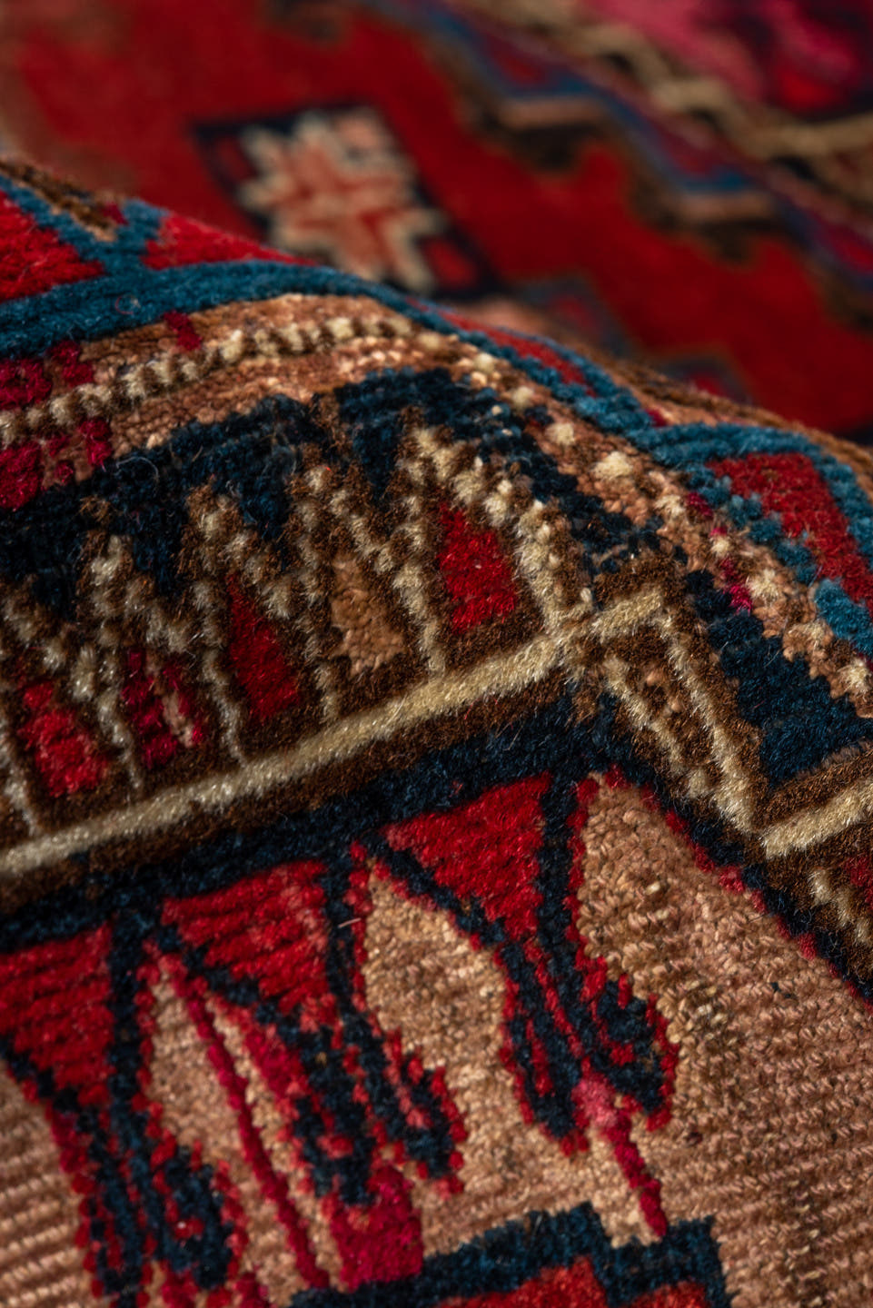 2' x 4' one-of-a-kind handmade vintage Teke small size rug. Color palette: red, burgundy, ivory, navy, rose, brown, black
