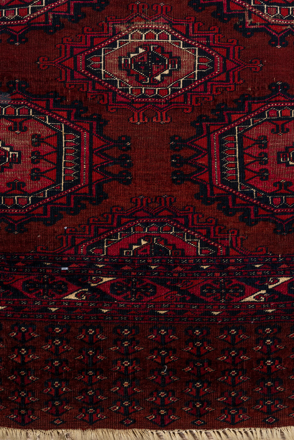 2' x 5' one-of-a-kind handmade vintage Teke small size rug. Color palette: burgundy, crimson, rust, ivory, charcoal, rose