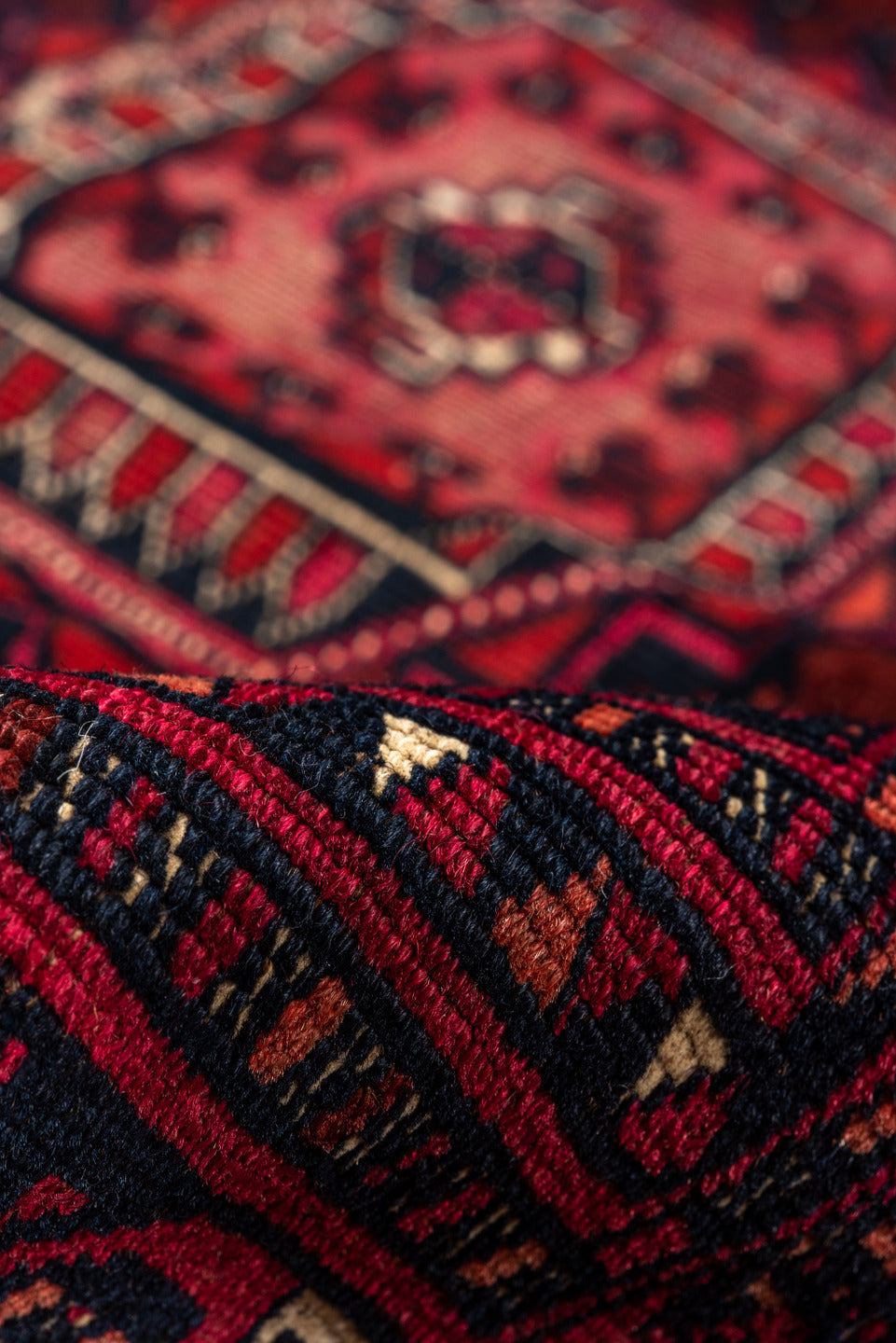 2' x 5' one-of-a-kind handmade vintage Teke small size rug. Color palette: burgundy, crimson, rust, ivory, charcoal, rose