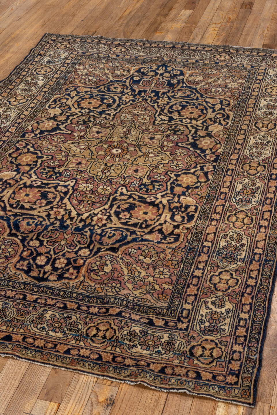 4' x 6' one-of-a-kind handmade vintage Lavar rug. Color palette: navy, ivory, rose, camel, gold, taupe, brown, blue, pink
