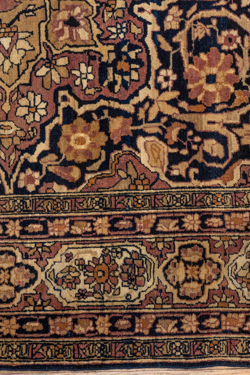 4' x 6' one-of-a-kind handmade vintage Lavar rug. Color palette: navy, ivory, rose, camel, gold, taupe, brown, blue, pink