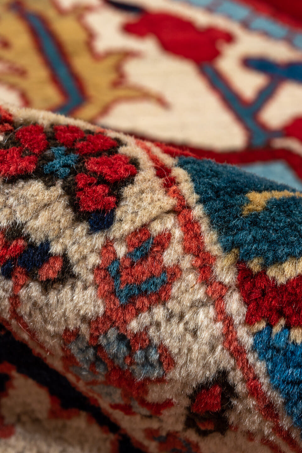 9' x 12' one-of-a-kind handmade vintage Heriz large size rug. Color palette: red, navy, ivory, sky_blue, rust, camel, sage