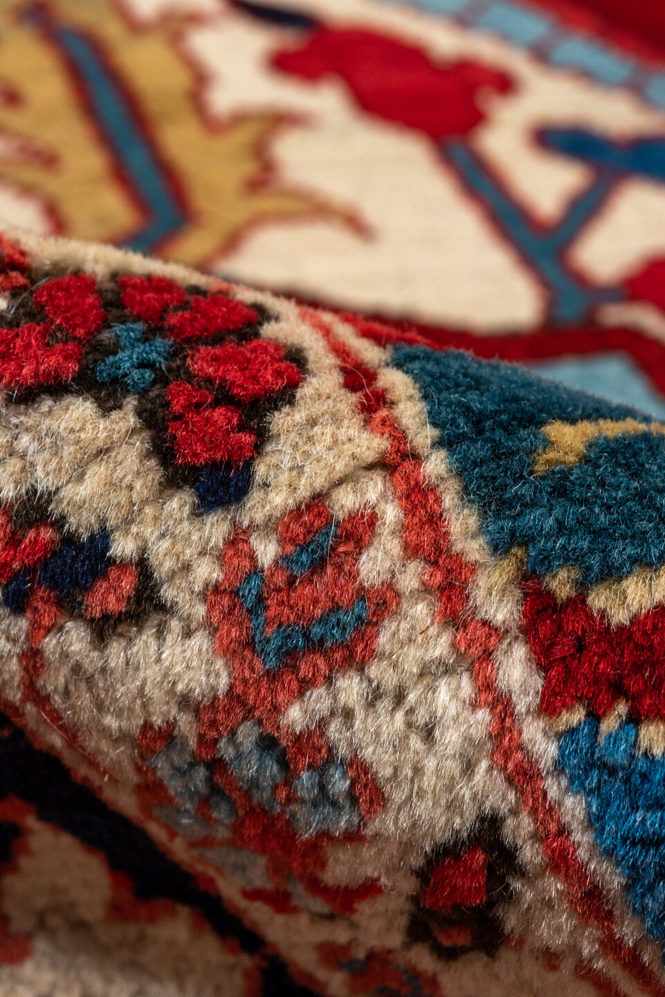 9' x 12' one-of-a-kind handmade vintage Heriz large size rug. Color palette: red, navy, ivory, sky_blue, rust, camel, sage