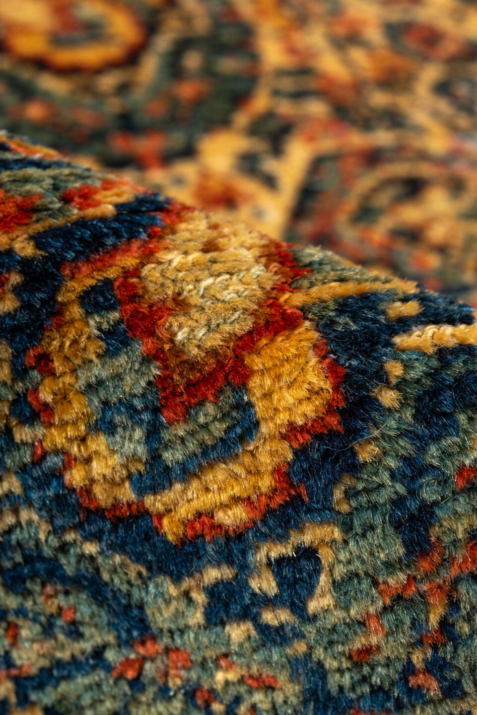 5' x 8' one-of-a-kind handmade vintage Senne medium size rug. Color palette: camel, navy, rust, ivory, gold, terra cotta