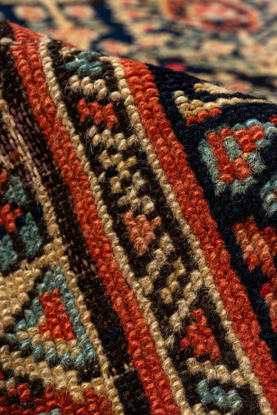5' x 10' one-of-a-kind handmade vintage Cam Hamadan medium size rug. Color palette: camel, navy, rust, ivory, rose, brown