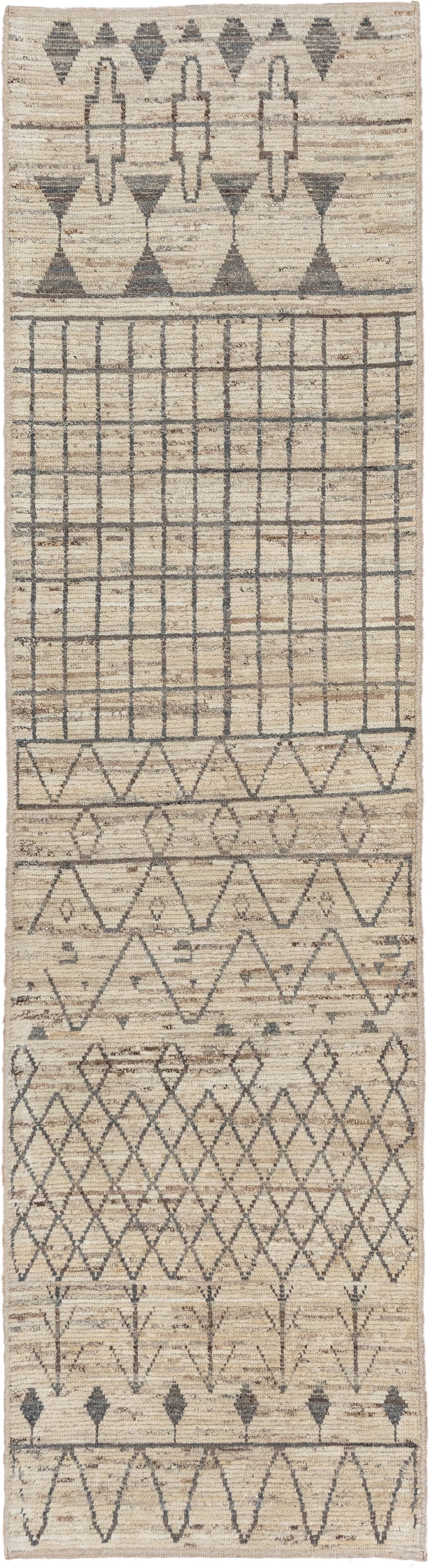 3' x 11' one-of-a-kind handmade vintage Tulu runner rug. Color palette: ivory, charcoal, taupe, beige, gray, black