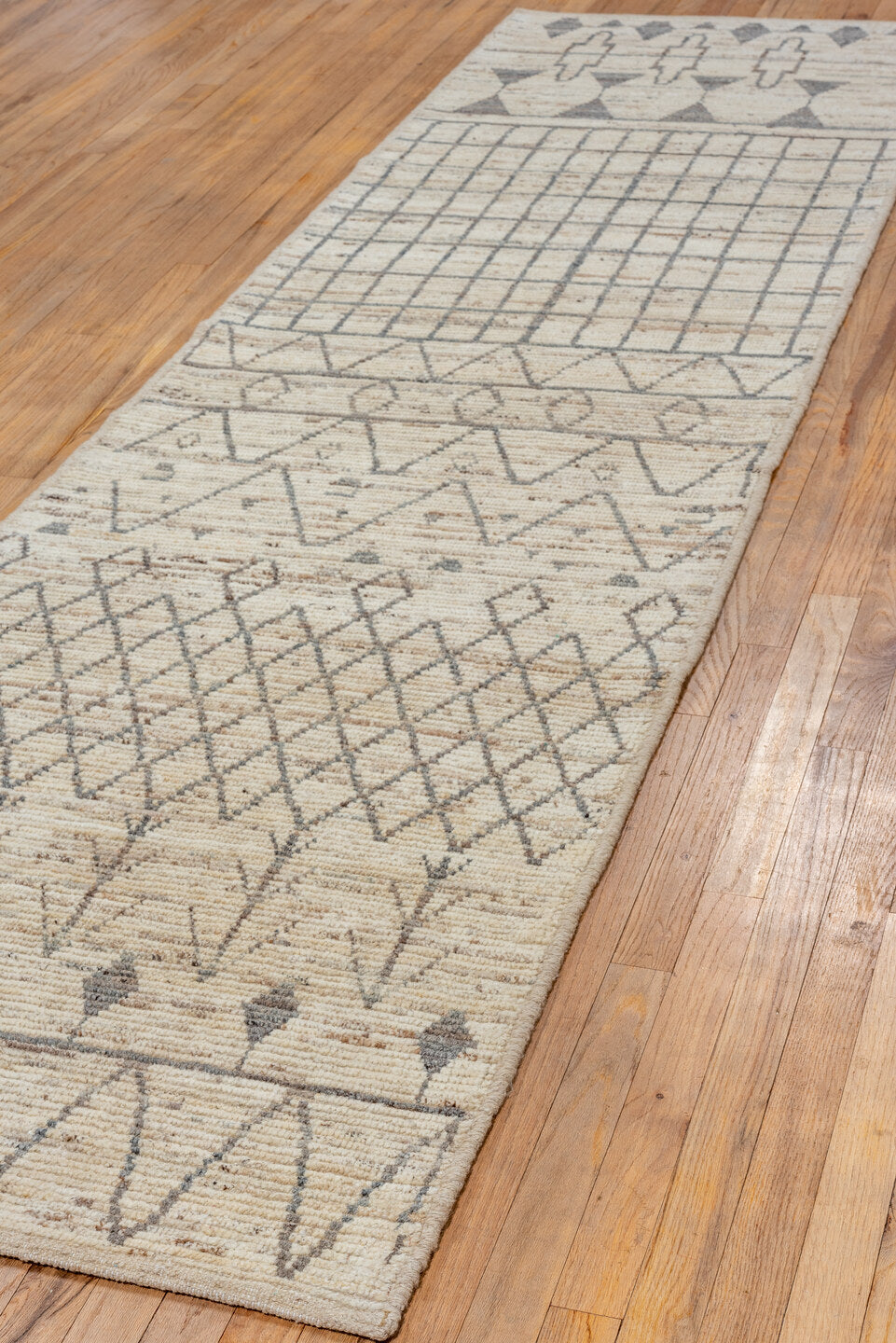 3' x 11' one-of-a-kind handmade vintage Tulu runner rug. Color palette: brown, dim gray, gainsboro, gray, light gray