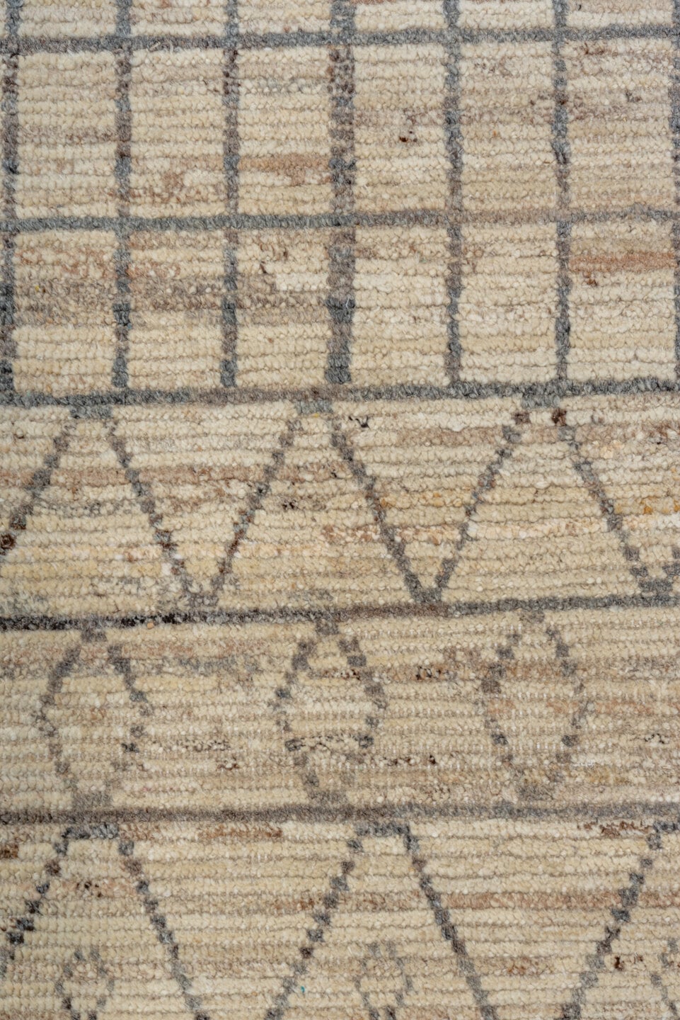3' x 11' one-of-a-kind handmade vintage Tulu runner rug. Color palette: ivory, charcoal, taupe, beige, gray, black