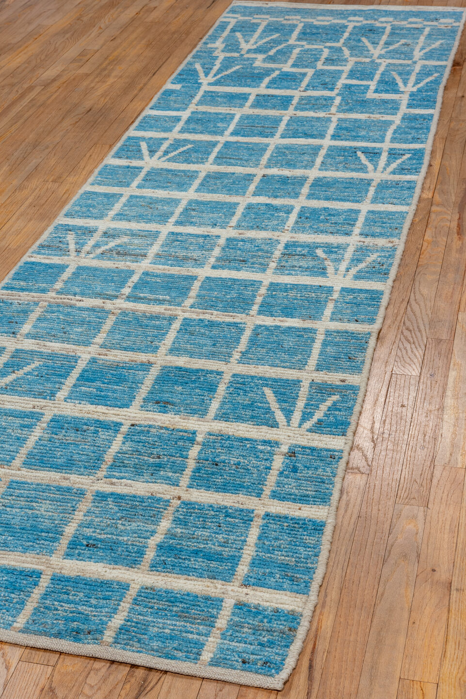 3' x 11' one-of-a-kind handmade vintage Tulu runner rug. Color palette: arapawa, blue, dark gray, gray, light blue
