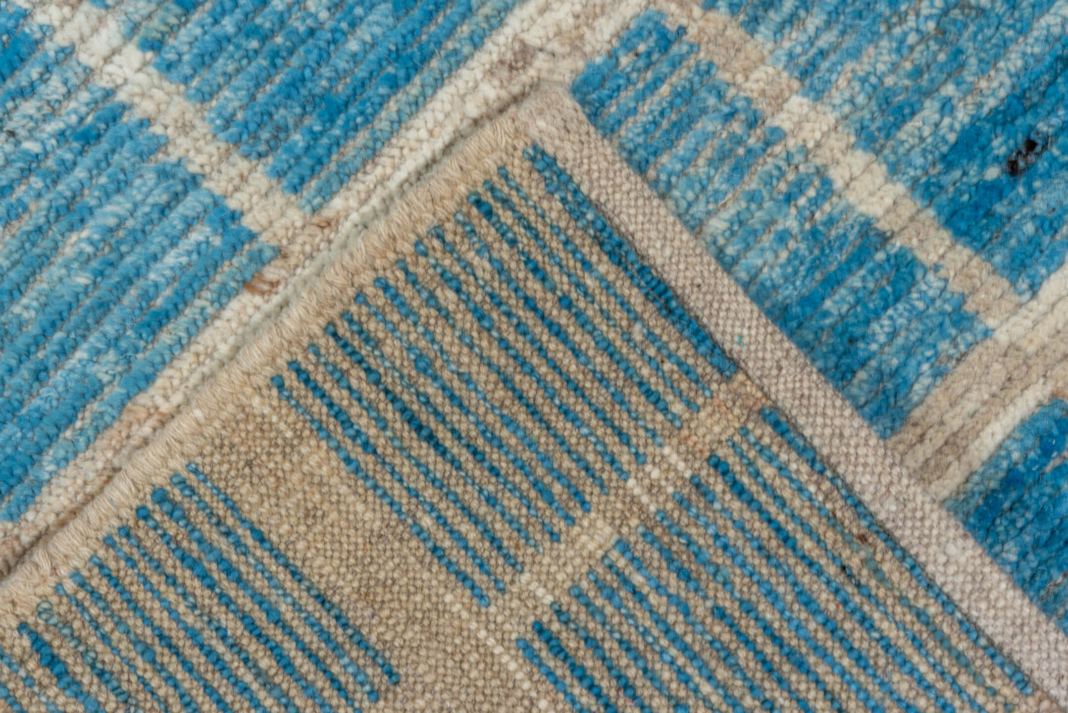 3' x 11' one-of-a-kind handmade vintage Tulu runner rug. Color palette: sky blue, ivory, cream, taupe, charcoal, light blue