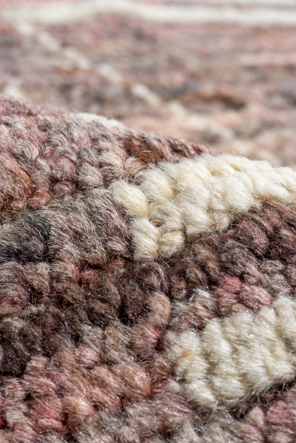 12' x 14' one-of-a-kind handmade vintage Tulu oversize rug. Color palette: rose, taupe, ivory, mauve, dusty pink, brown