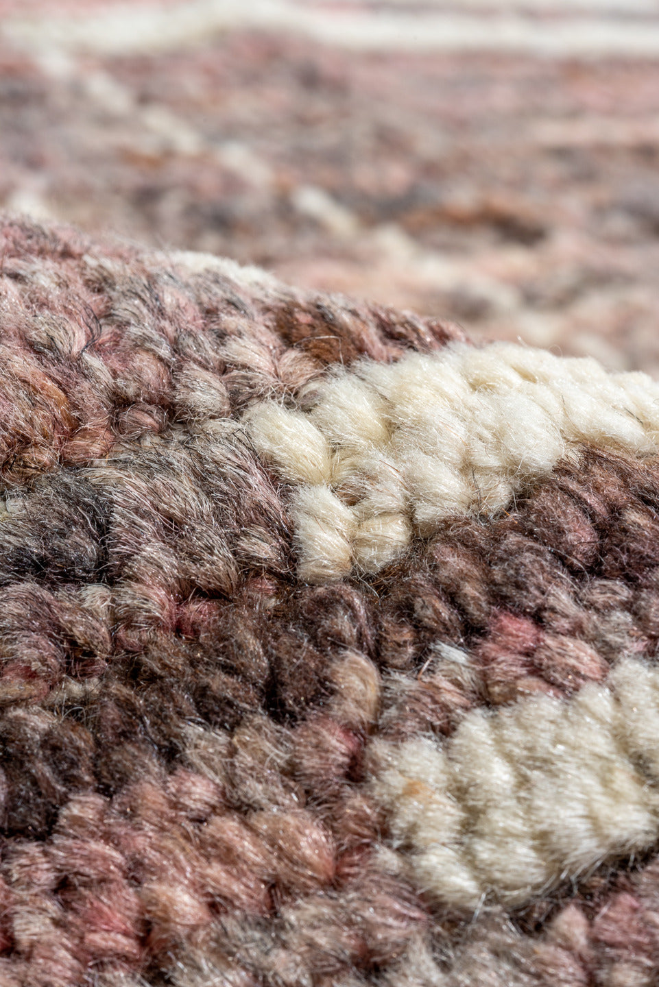 12' x 14' one-of-a-kind handmade vintage Tulu oversize rug. Color palette: rose, taupe, ivory, mauve, dusty pink, brown