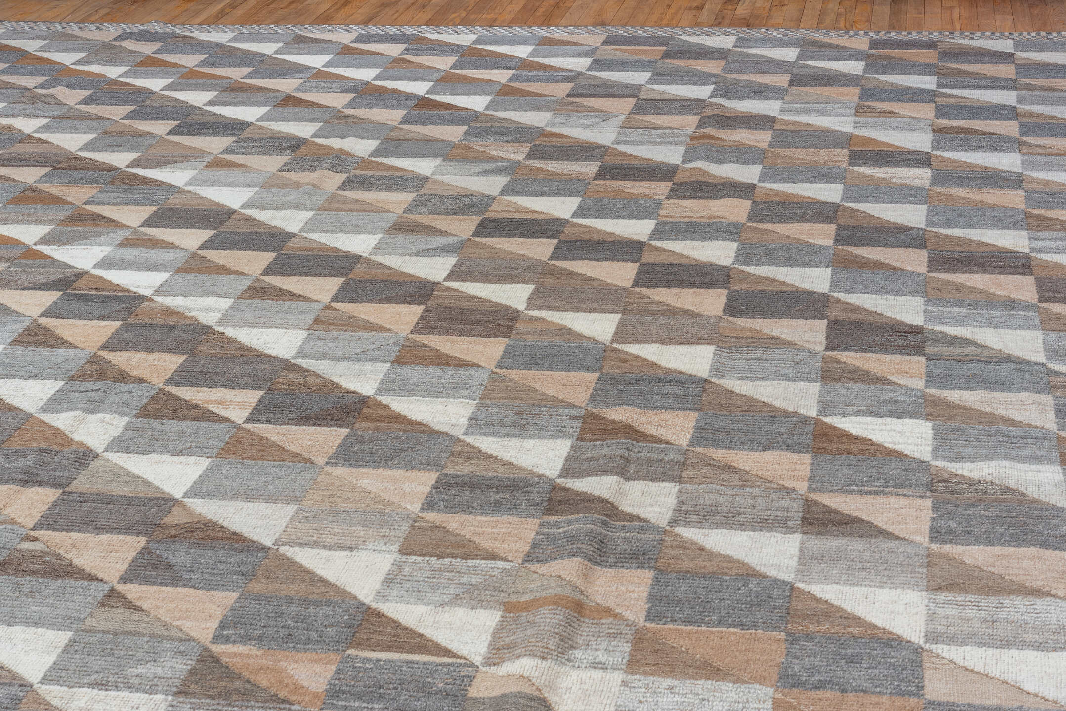 13' x 20' one-of-a-kind handmade vintage Tulu oversize rug. Color palette: taupe, ivory, slate, camel, gray, beige, charcoal