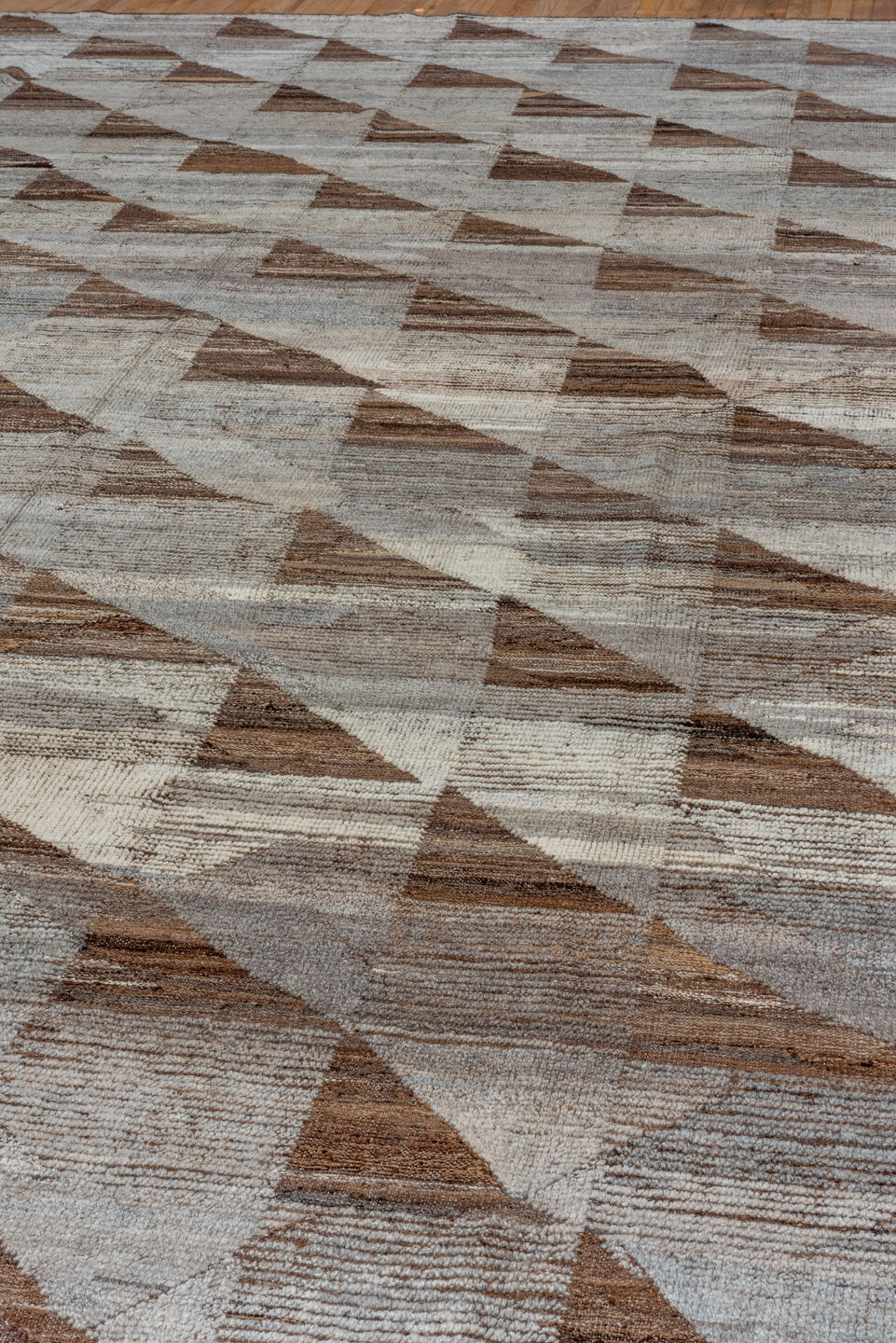 13' x 20' one-of-a-kind handmade vintage Tulu oversize rug. Color palette: brown, dark gray, gray, light gray, off-white