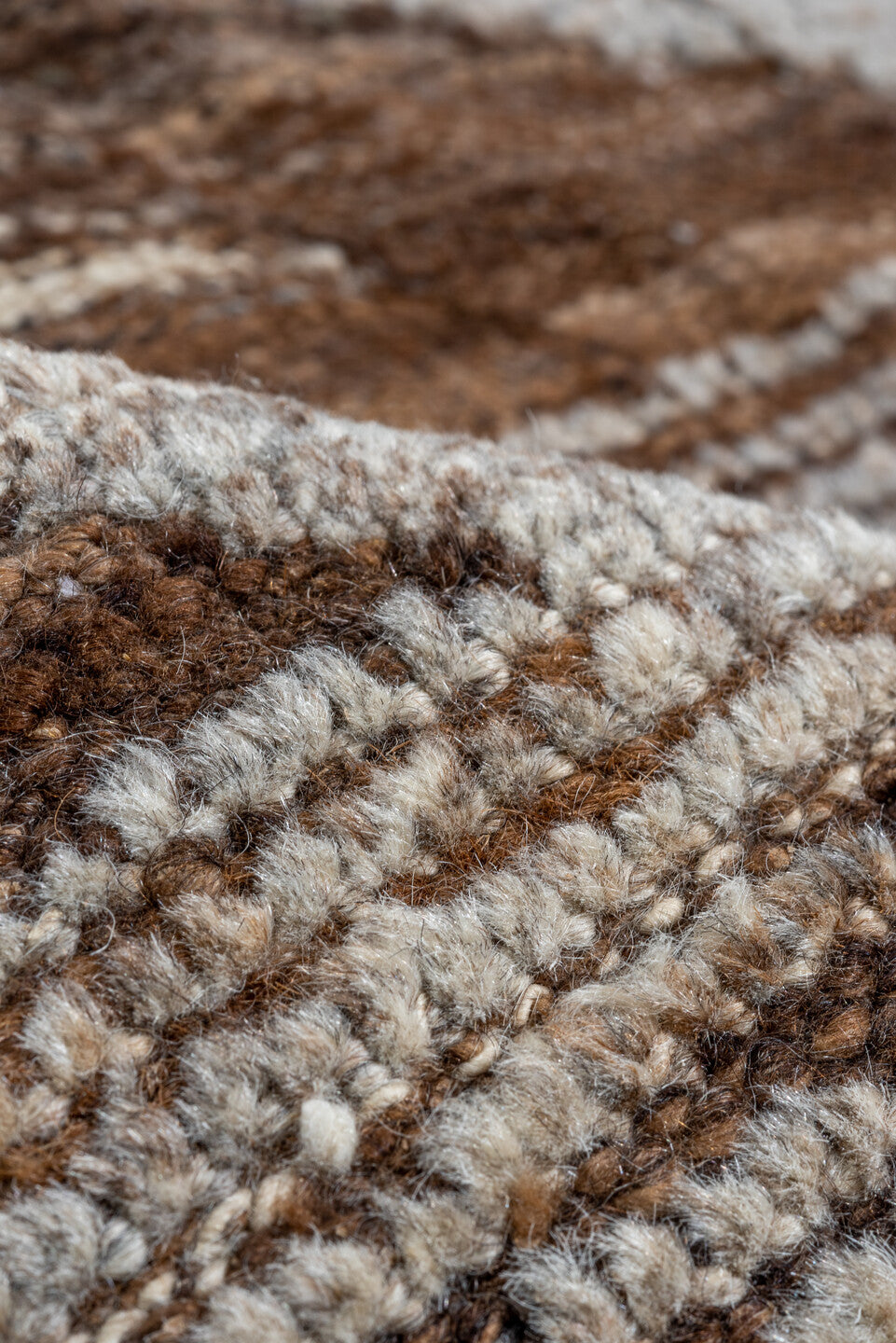 13' x 20' one-of-a-kind handmade vintage Tulu oversize rug. Color palette: brown, dark gray, gray, light gray, off-white