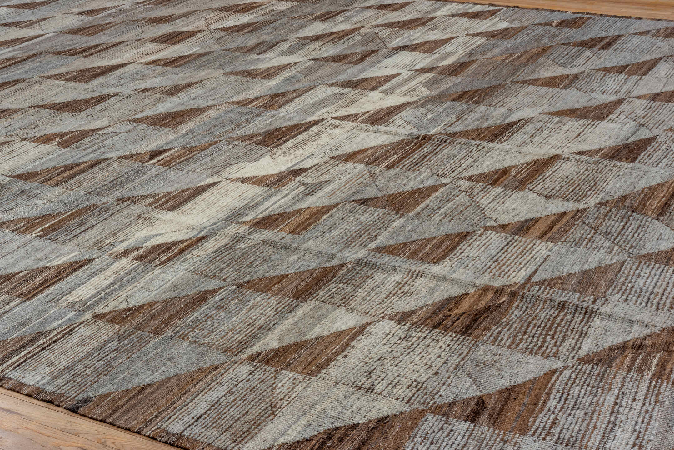 13' x 20' one-of-a-kind handmade vintage Tulu oversize rug. Color palette: brown, dark gray, gray, light gray, off-white