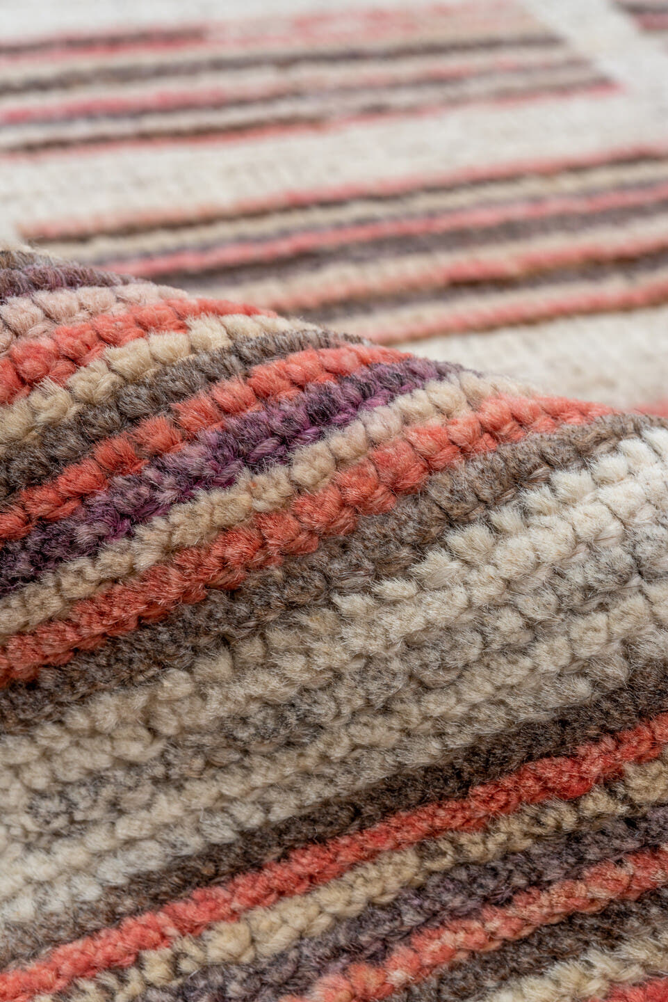 9' x 12' one-of-a-kind handmade vintage Tulu large size rug. Color palette: ivory, rose, charcoal, taupe, blush, brown