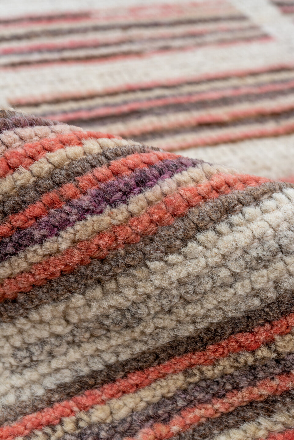 9' x 12' one-of-a-kind handmade vintage Tulu large size rug. Color palette: ivory, rose, charcoal, taupe, blush, brown