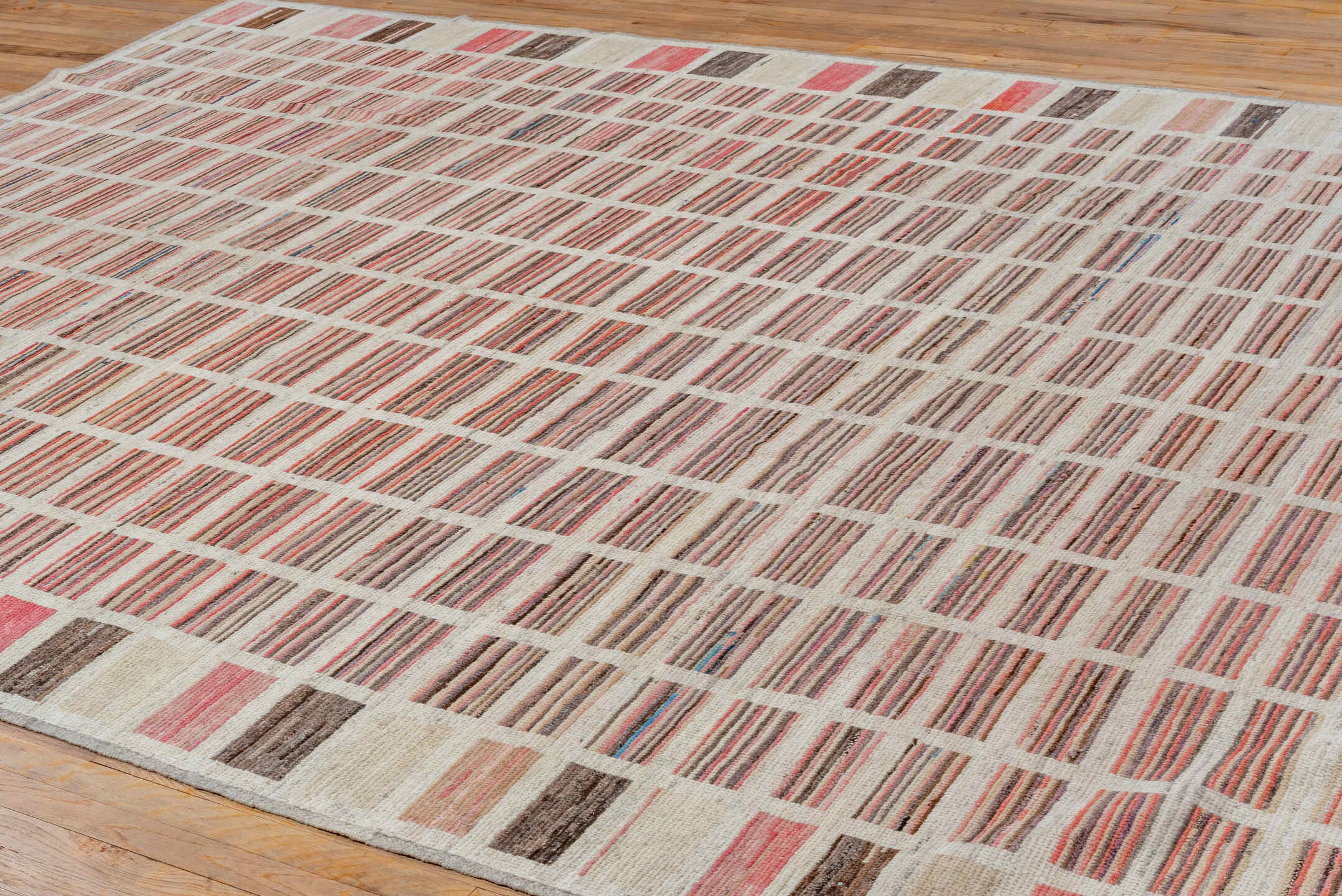 9' x 12' one-of-a-kind handmade vintage Tulu large size rug. Color palette: ivory, rose, charcoal, taupe, blush, brown