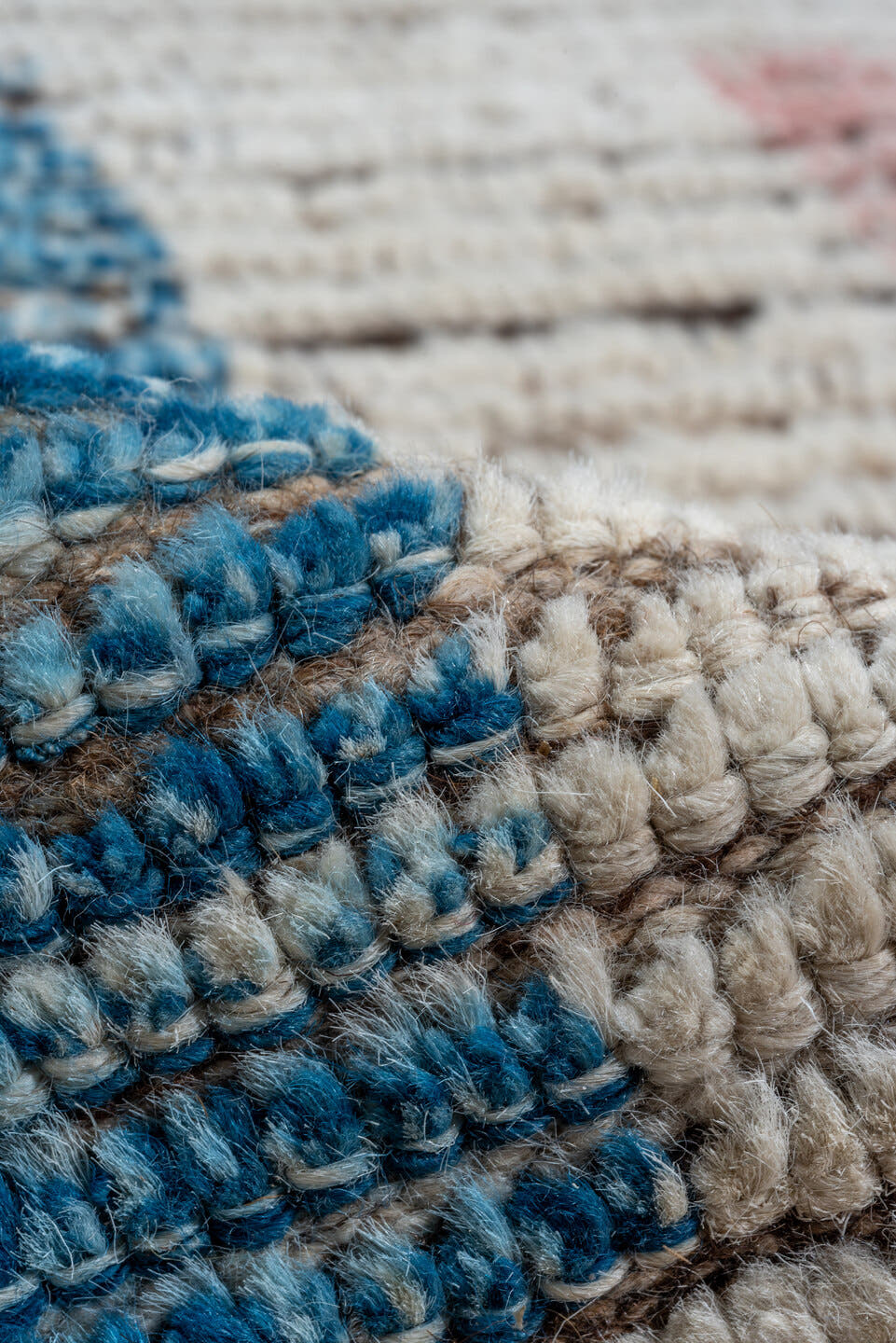 13' x 16' one-of-a-kind handmade vintage Tulu oversize rug. Color palette: ivory, sky_blue, taupe, blush, brown, light blue