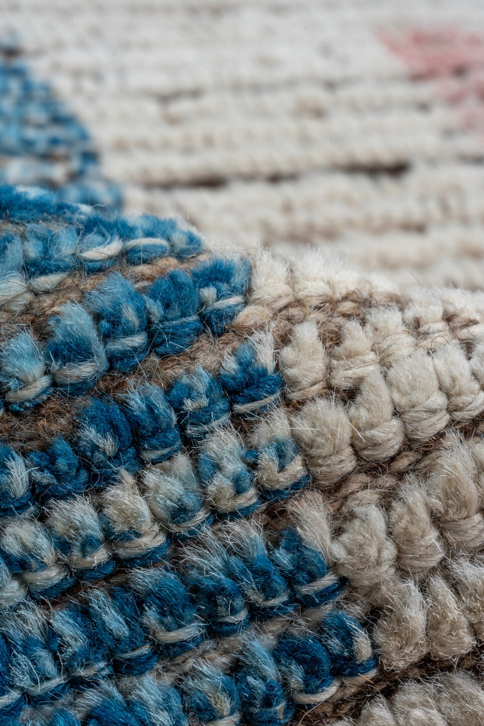 13' x 16' one-of-a-kind handmade vintage Tulu oversize rug. Color palette: ivory, sky_blue, taupe, blush, brown, light blue