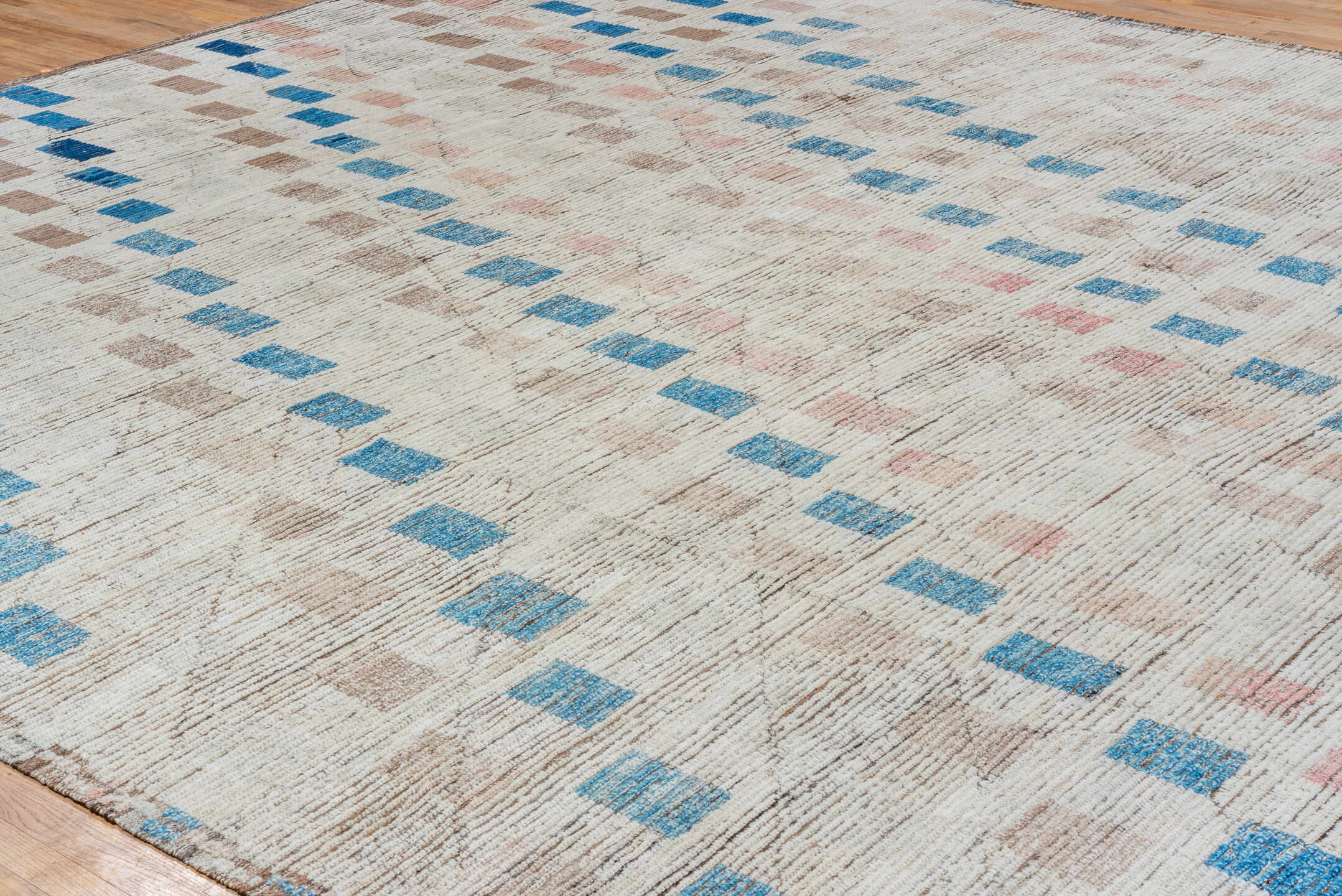 13' x 16' one-of-a-kind handmade vintage Tulu oversize rug. Color palette: ivory, sky_blue, taupe, blush, brown, light blue