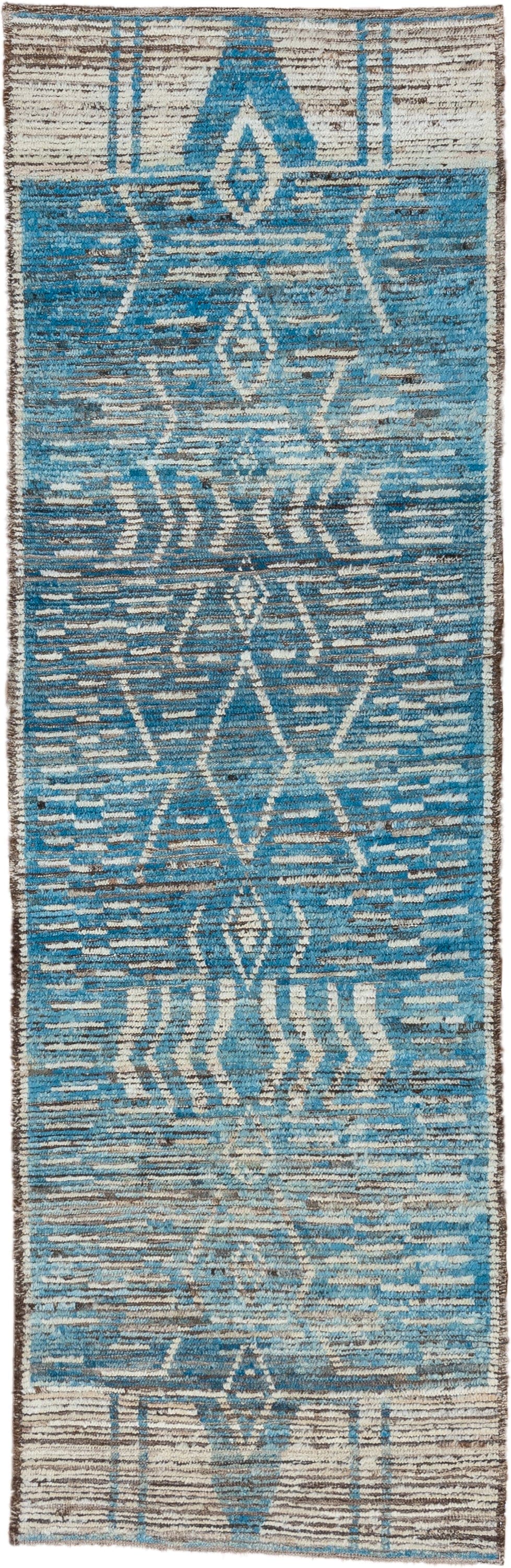 3' x 9' one-of-a-kind handmade vintage Tulu runner rug. Color palette: sky blue, ivory, taupe, brown, light blue, beige