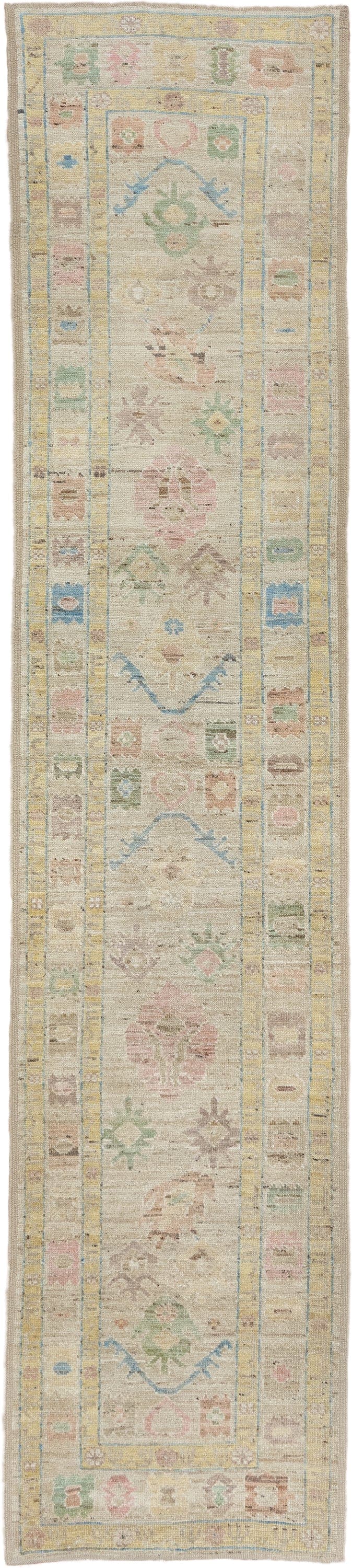 2' x 13' one-of-a-kind handmade vintage Tulu runner rug. Color palette: ivory, beige, pale blue, blush, sage, muted gold
