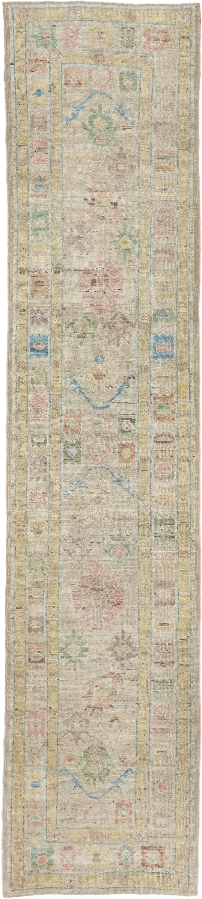 2' x 13' one-of-a-kind handmade vintage Tulu runner rug. Color palette: ivory, beige, pale blue, blush, sage, muted gold