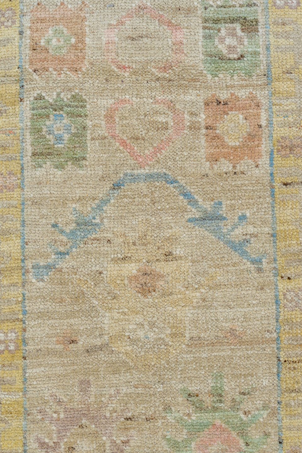 2' x 13' one-of-a-kind handmade vintage Tulu runner rug. Color palette: ivory, beige, pale blue, blush, sage, muted gold