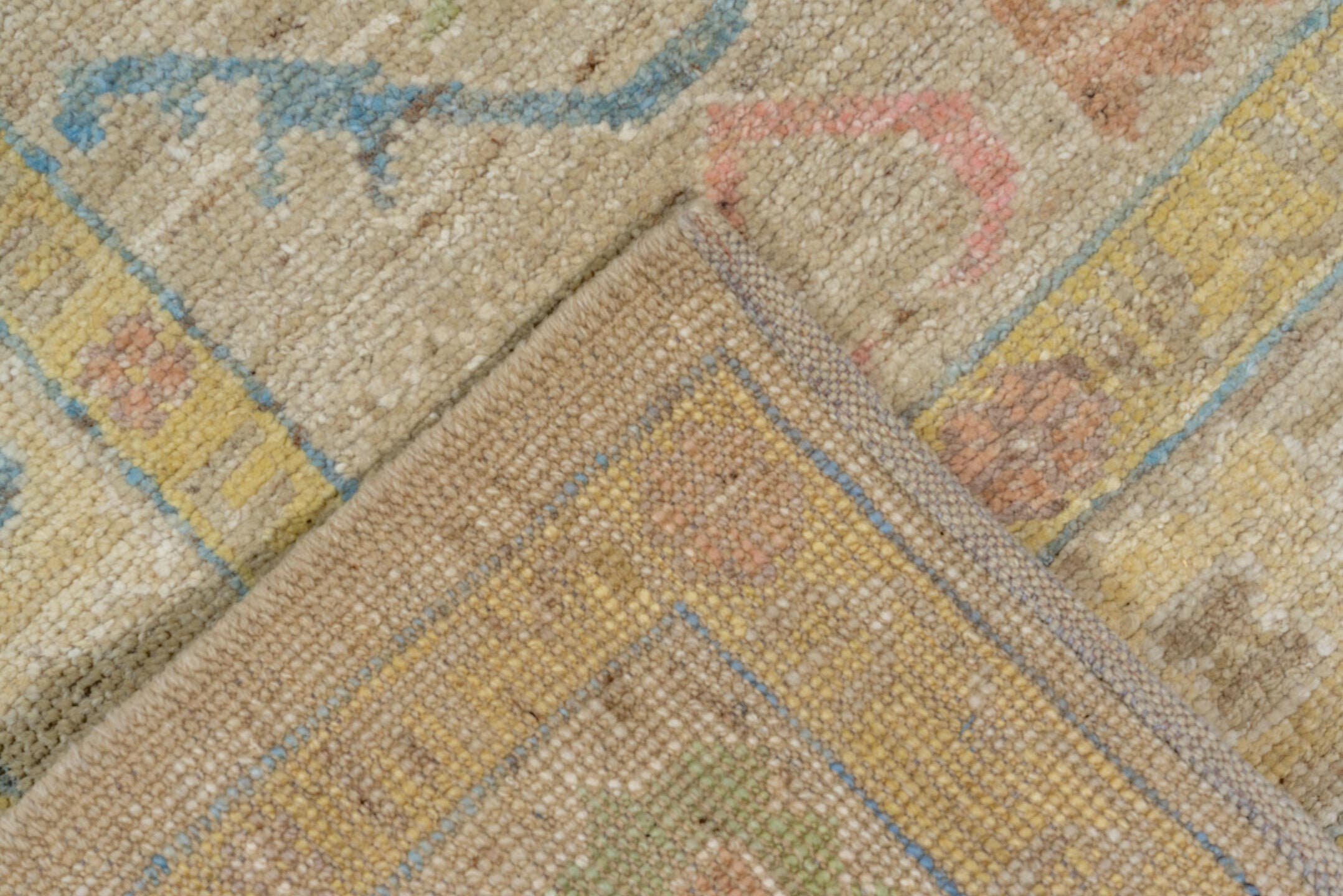 2' x 13' one-of-a-kind handmade vintage Tulu runner rug. Color palette: ivory, beige, pale blue, blush, sage, muted gold