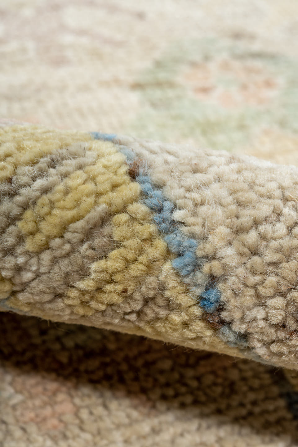 2' x 13' one-of-a-kind handmade vintage Tulu runner rug. Color palette: ivory, beige, pale blue, blush, sage, muted gold