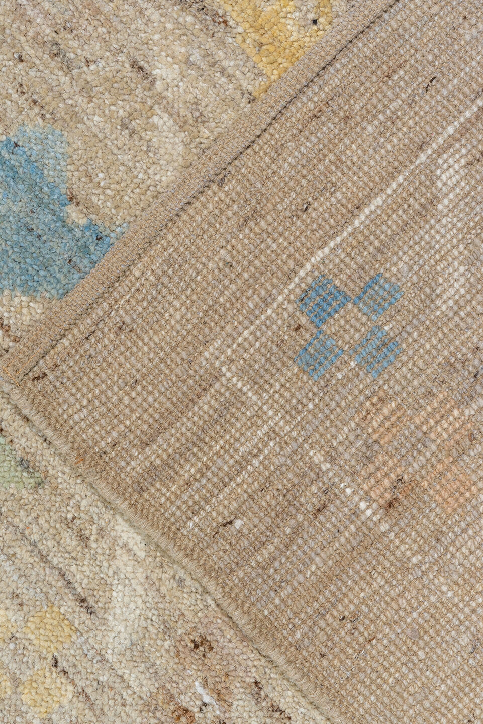12' x 15' one-of-a-kind handmade vintage Tulu oversize rug. Color palette: beige, ivory, sky_blue, pale_yellow, sage, blush