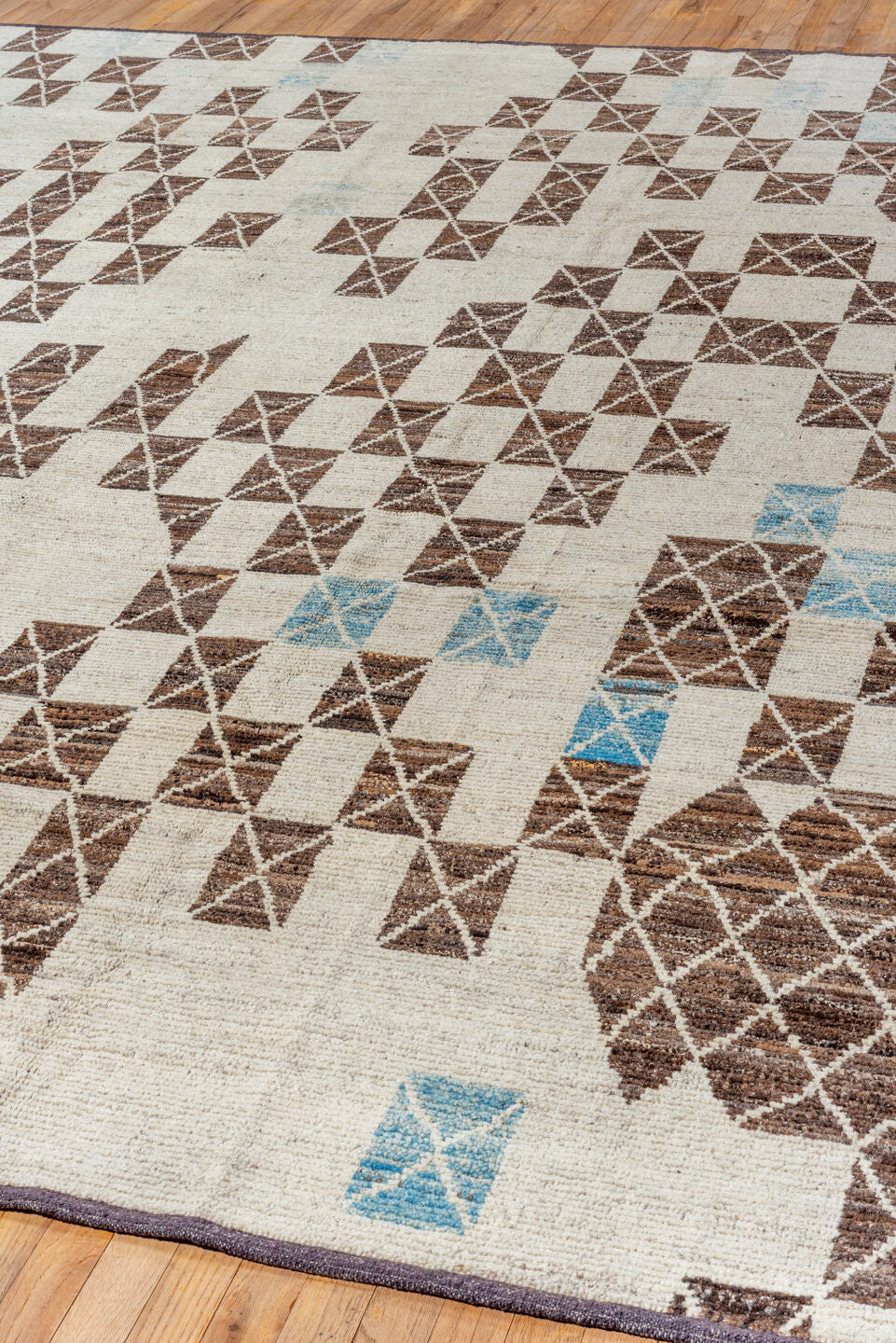 10' x 11' one-of-a-kind handmade vintage Tulu large size rug. Color palette: ivory, brown, sky blue, taupe, light blue