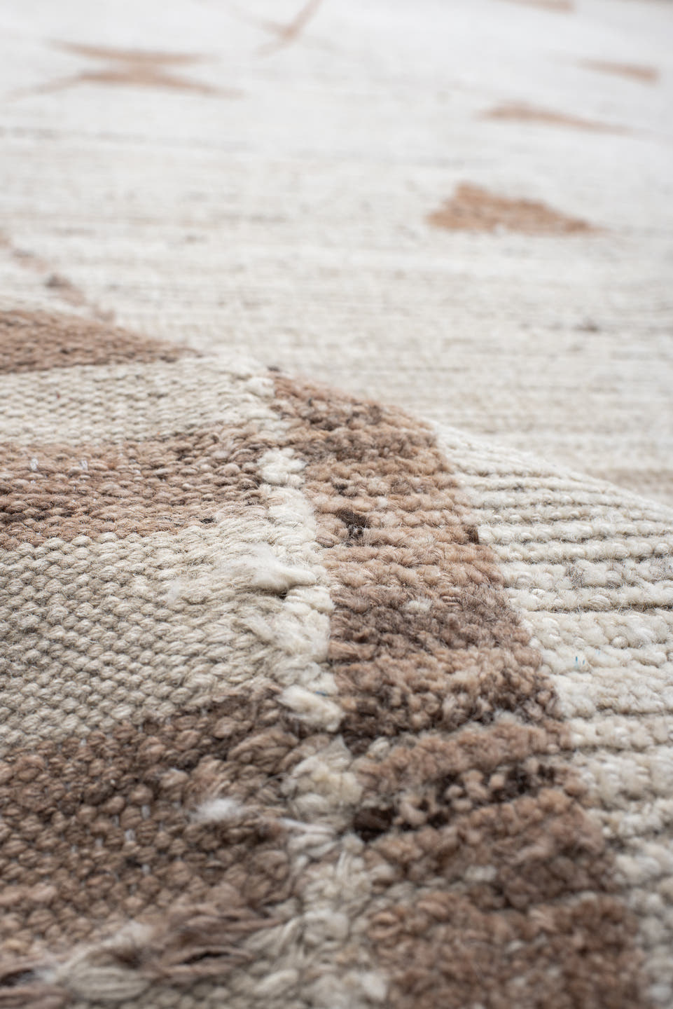 9' x 12' one-of-a-kind handmade vintage Tulu large size rug. Color palette: ivory, camel, taupe, beige, light brown, gray