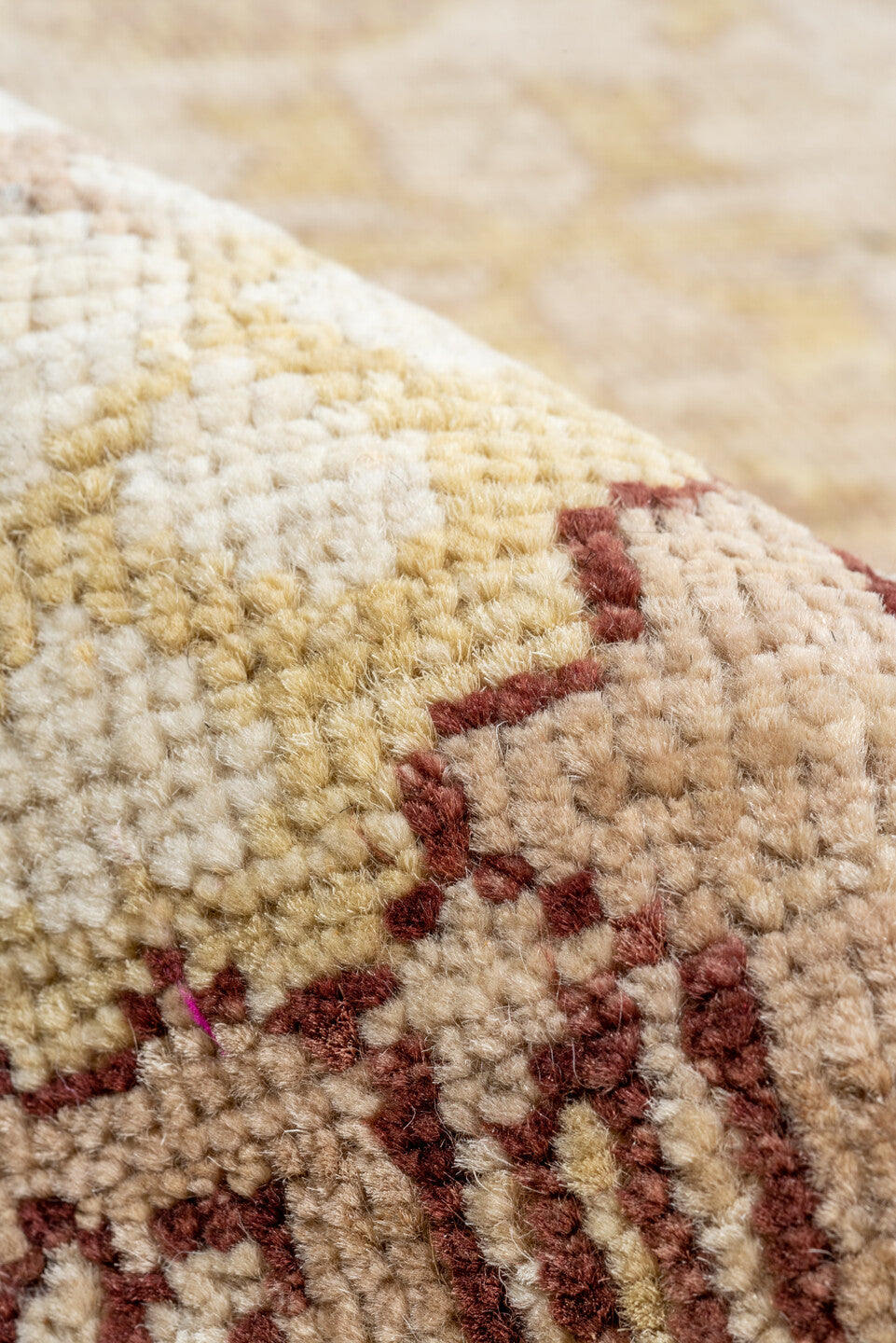 9' x 12' one-of-a-kind handmade vintage Khotan large size rug. Color palette: brown, gray, off-white, orange, pink, snow