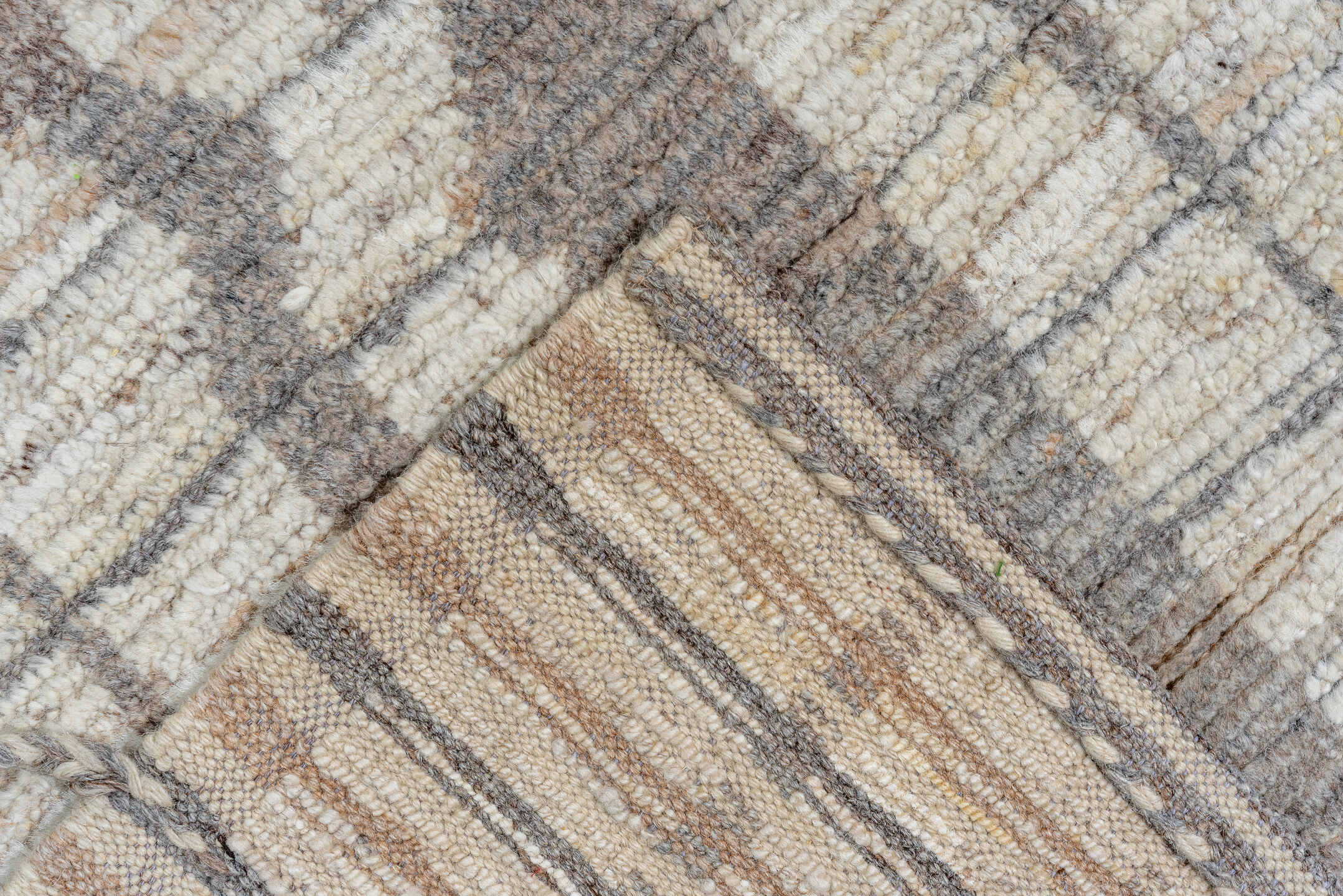 10' x 13' one-of-a-kind handmade vintage Tulu large size rug. Color palette: ivory, taupe, gray, greige, charcoal, beige