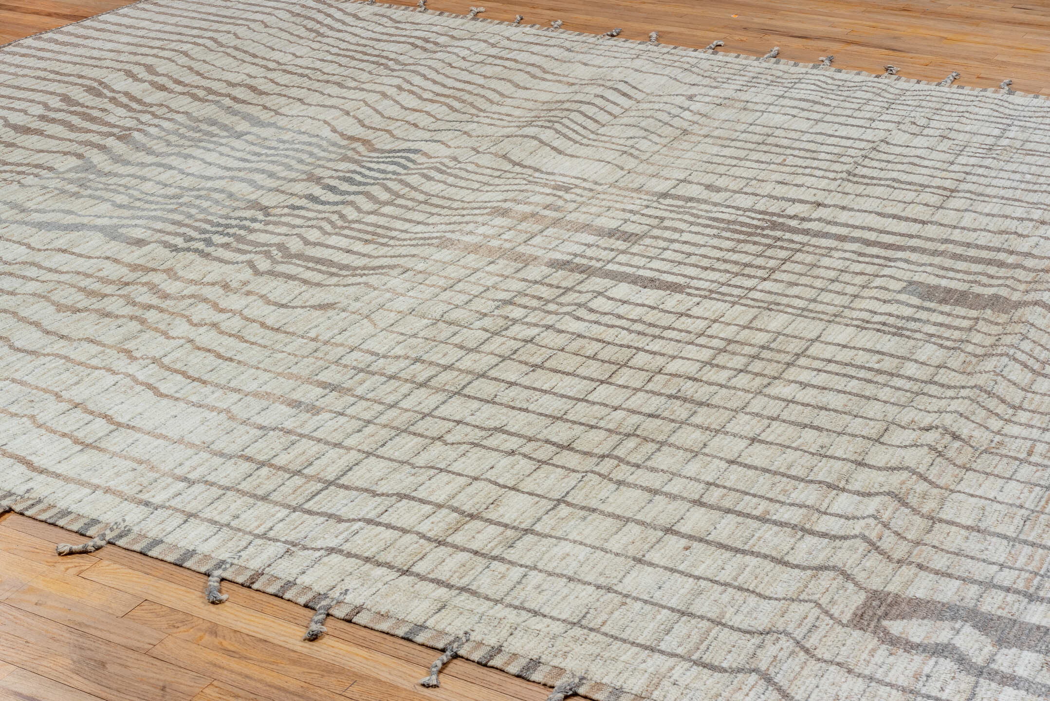 10' x 13' one-of-a-kind handmade vintage Tulu large size rug. Color palette: ivory, taupe, gray, greige, charcoal, beige