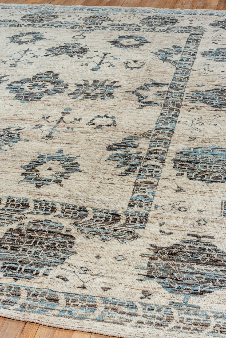 9' x 12' one-of-a-kind handmade vintage Tulu large size rug. Color palette: ivory, sky blue, charcoal, slate, taupe