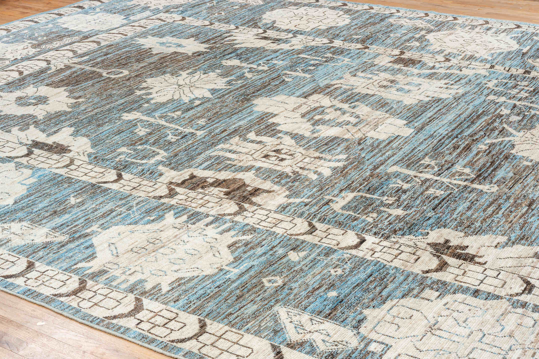 12' x 17' one-of-a-kind handmade vintage Tulu oversize rug. Color palette: black, blue, charcoal, dark gray, dim gray, gray