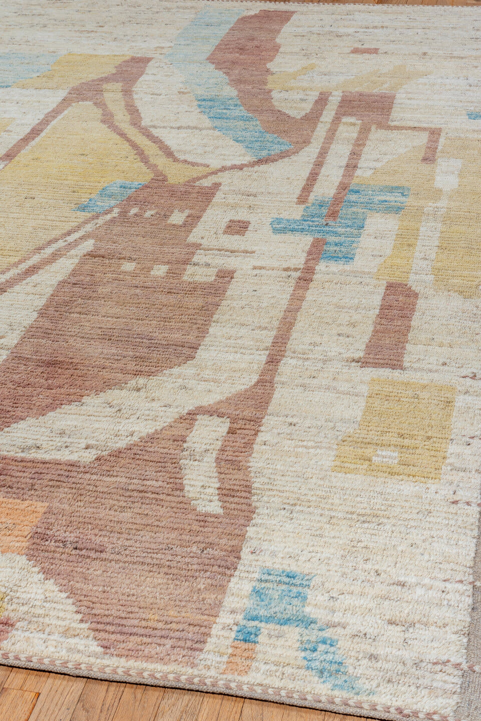 10' x 11' one-of-a-kind handmade vintage Tulu large size rug. Color palette: ivory, rose, pale_gold, sky_blue, taupe, peach