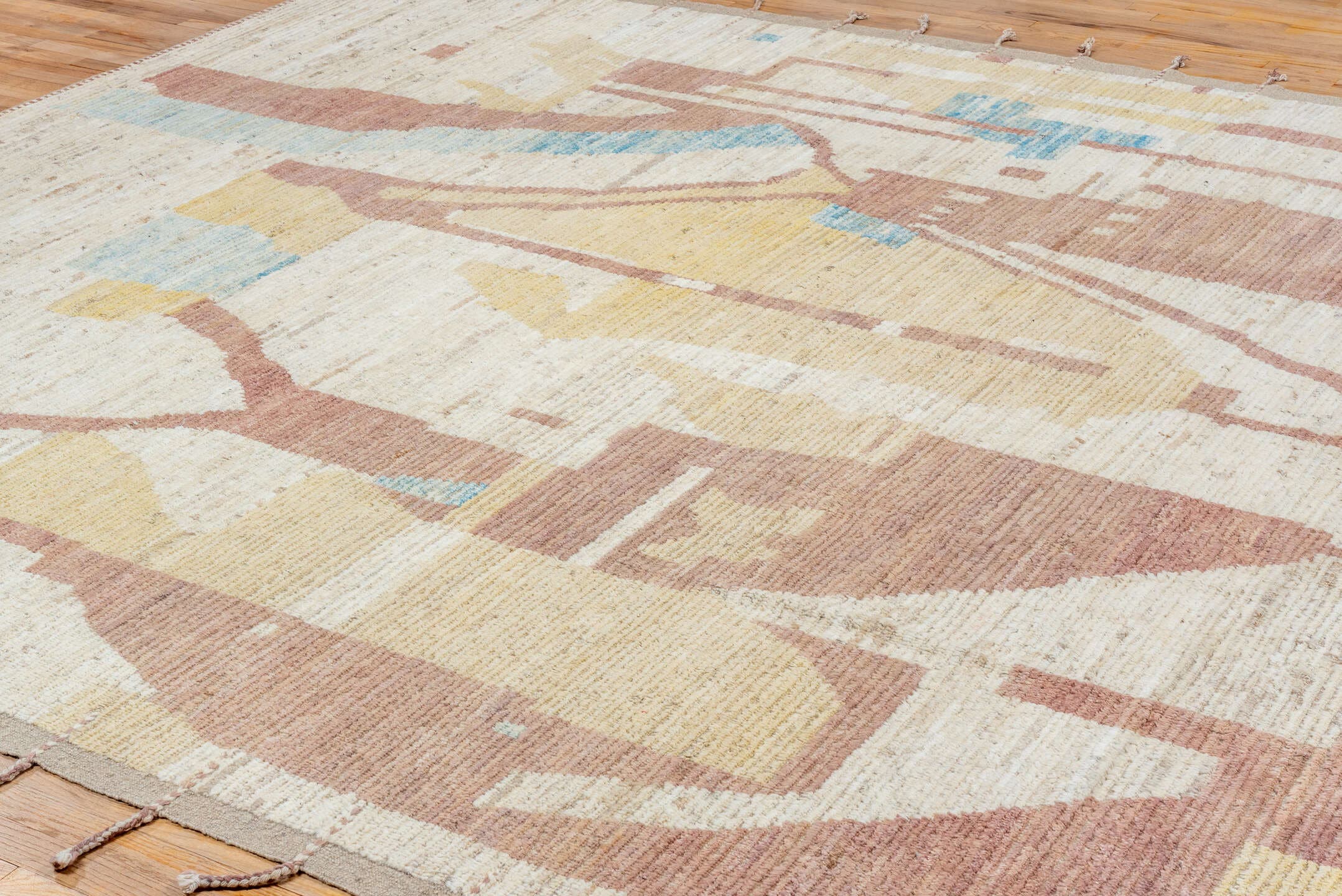 10' x 11' one-of-a-kind handmade vintage Tulu large size rug. Color palette: ivory, rose, pale_gold, sky_blue, taupe, peach