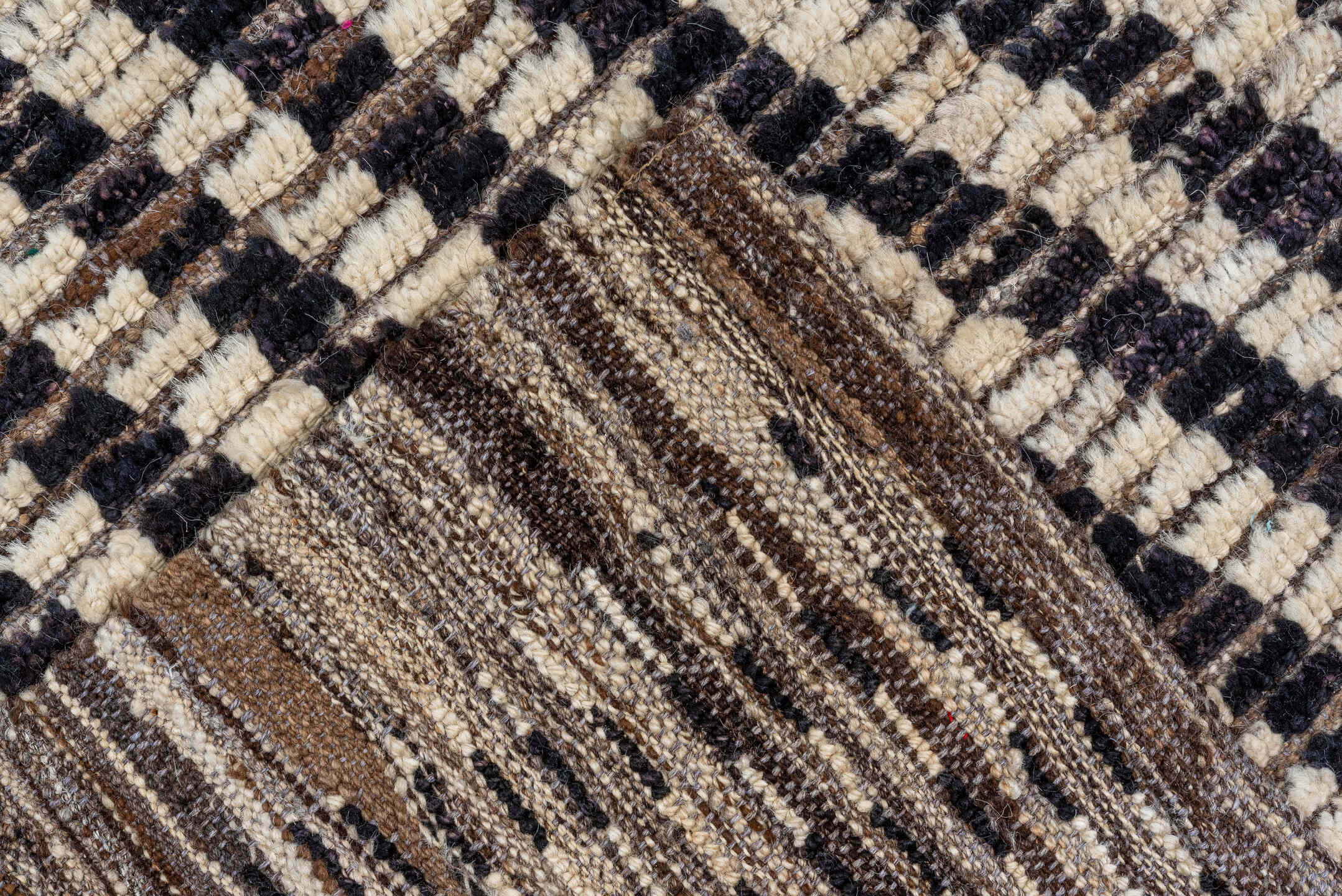 9' x 11' one-of-a-kind handmade vintage Tulu large size rug. Color palette: ivory, charcoal, taupe, brown, gray, black
