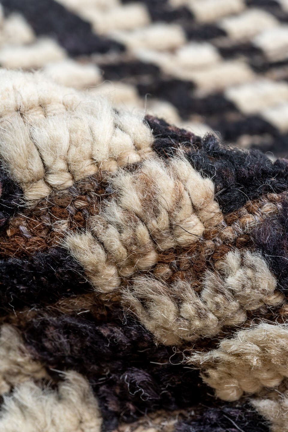 9' x 11' one-of-a-kind handmade vintage Tulu large size rug. Color palette: ivory, charcoal, taupe, brown, gray, black