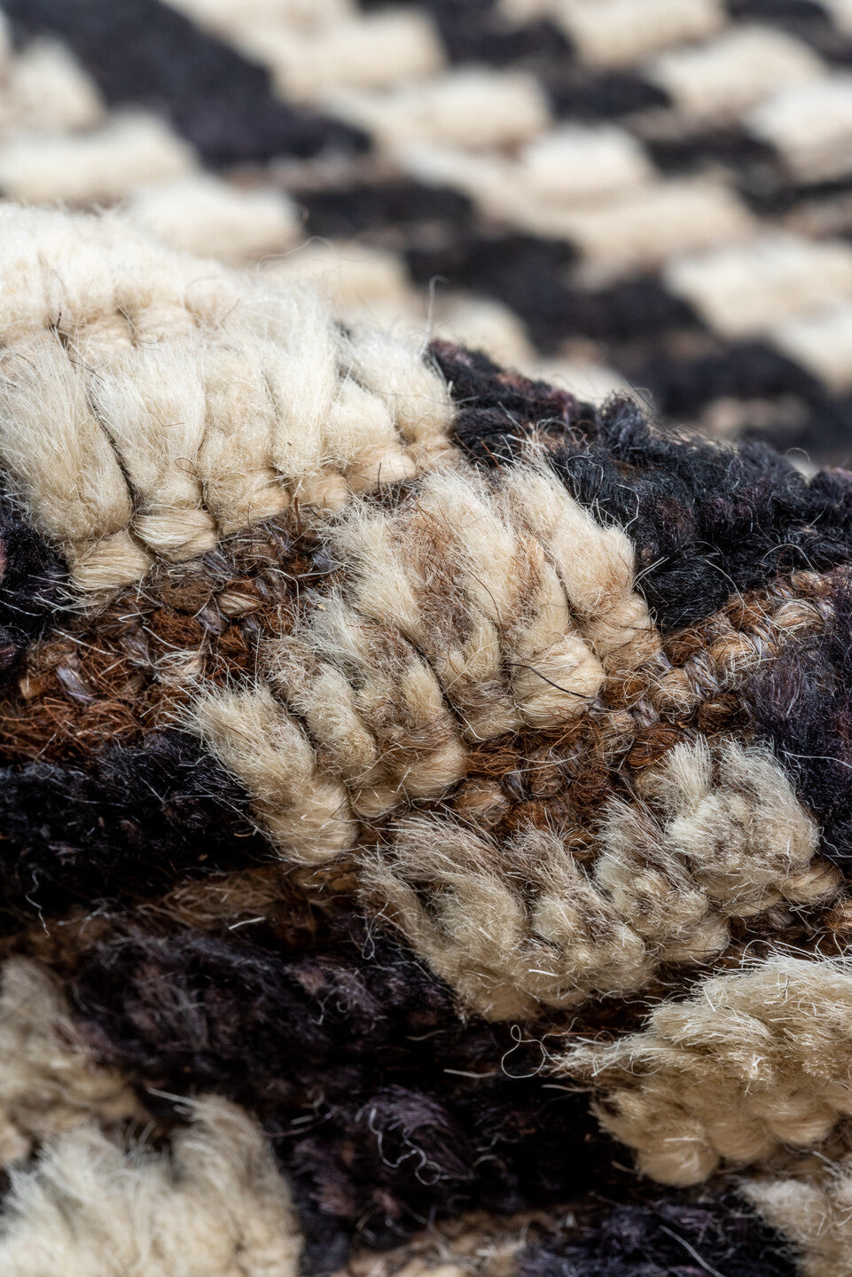 9' x 11' one-of-a-kind handmade vintage Tulu large size rug. Color palette: ivory, charcoal, taupe, brown, gray, black