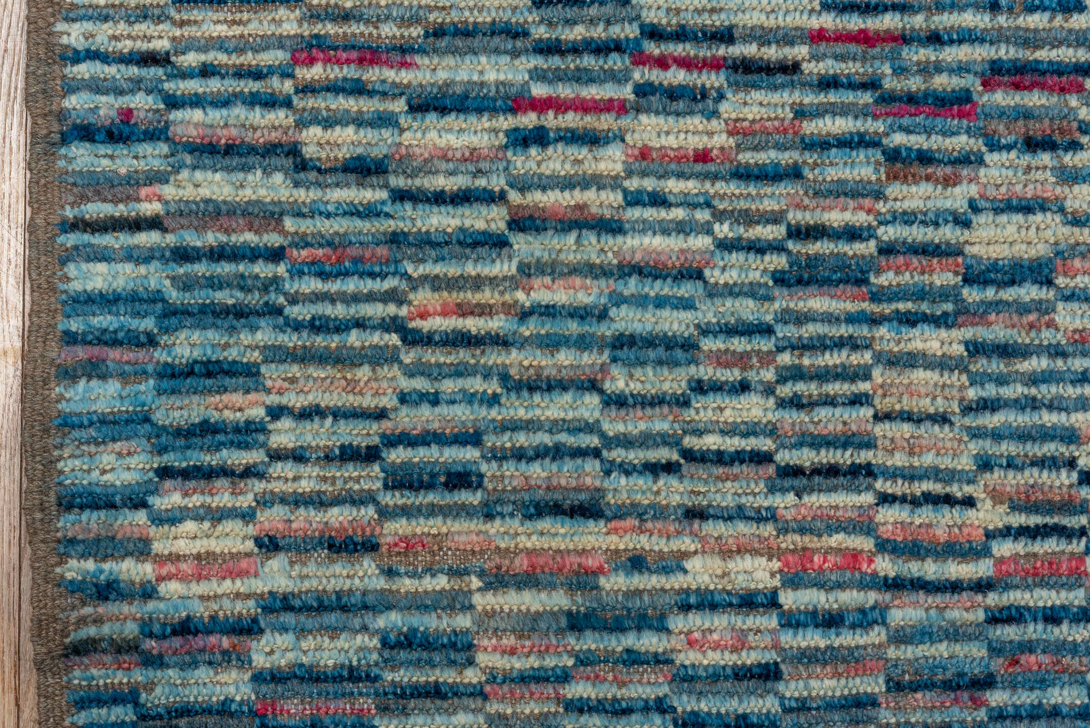 8' x 9' one-of-a-kind handmade vintage Tulu rug. Color palette: blue, ivory, sky blue, rose, navy, crimson, taupe