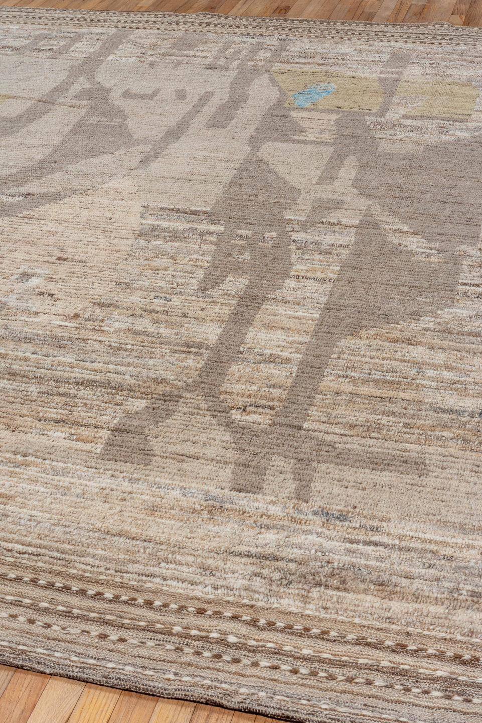 8' x 11' one-of-a-kind handmade vintage Tulu large size rug. Color palette: taupe, ivory, brown, camel, sky_blue, beige