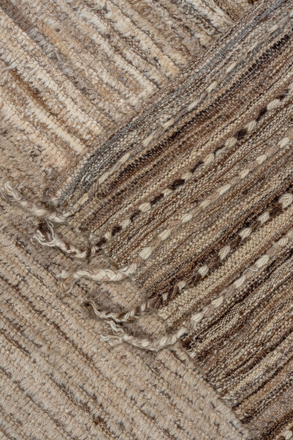 8' x 11' one-of-a-kind handmade vintage Tulu large size rug. Color palette: taupe, ivory, brown, camel, sky_blue, beige