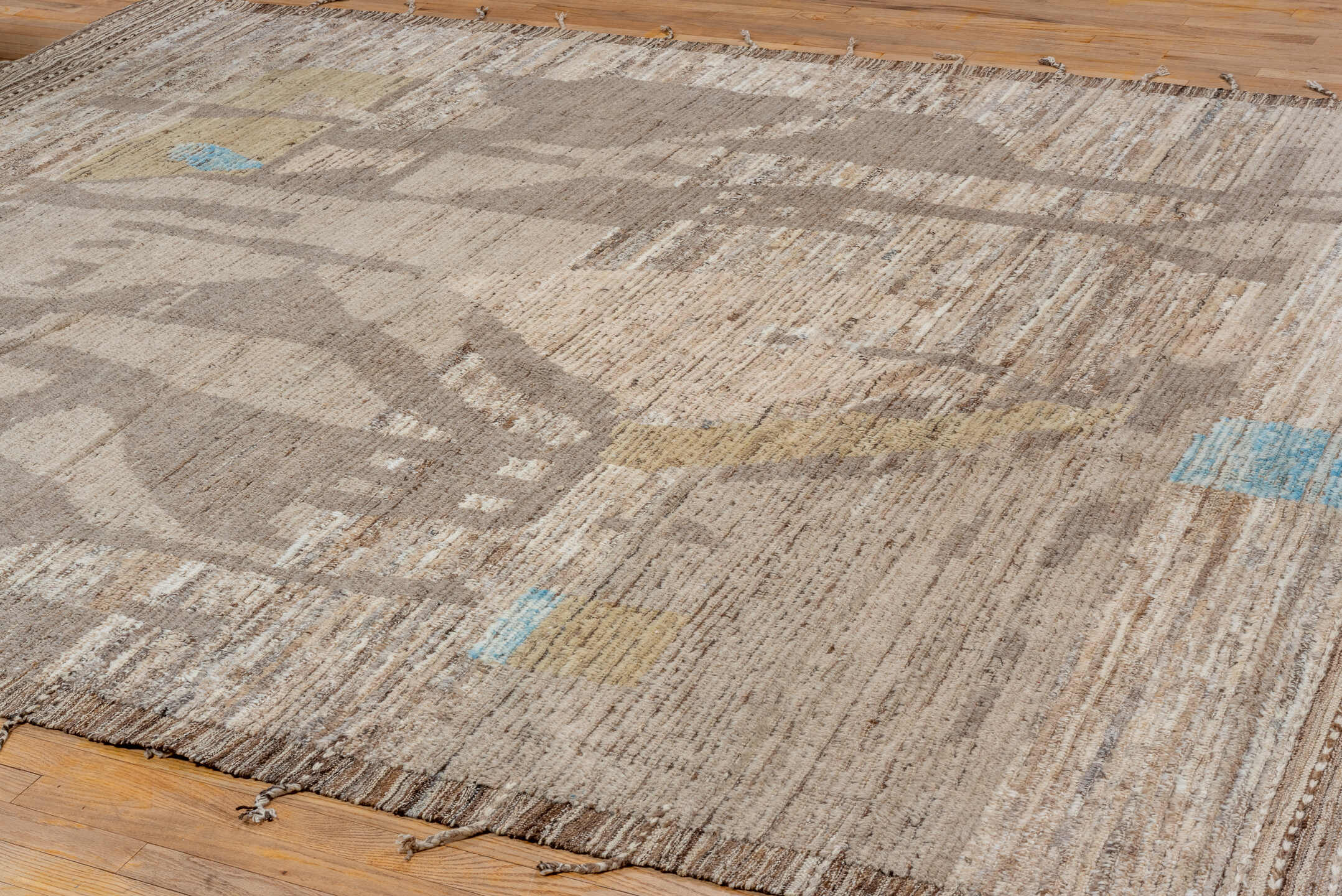 8' x 11' one-of-a-kind handmade vintage Tulu large size rug. Color palette: taupe, ivory, brown, camel, sky_blue, beige